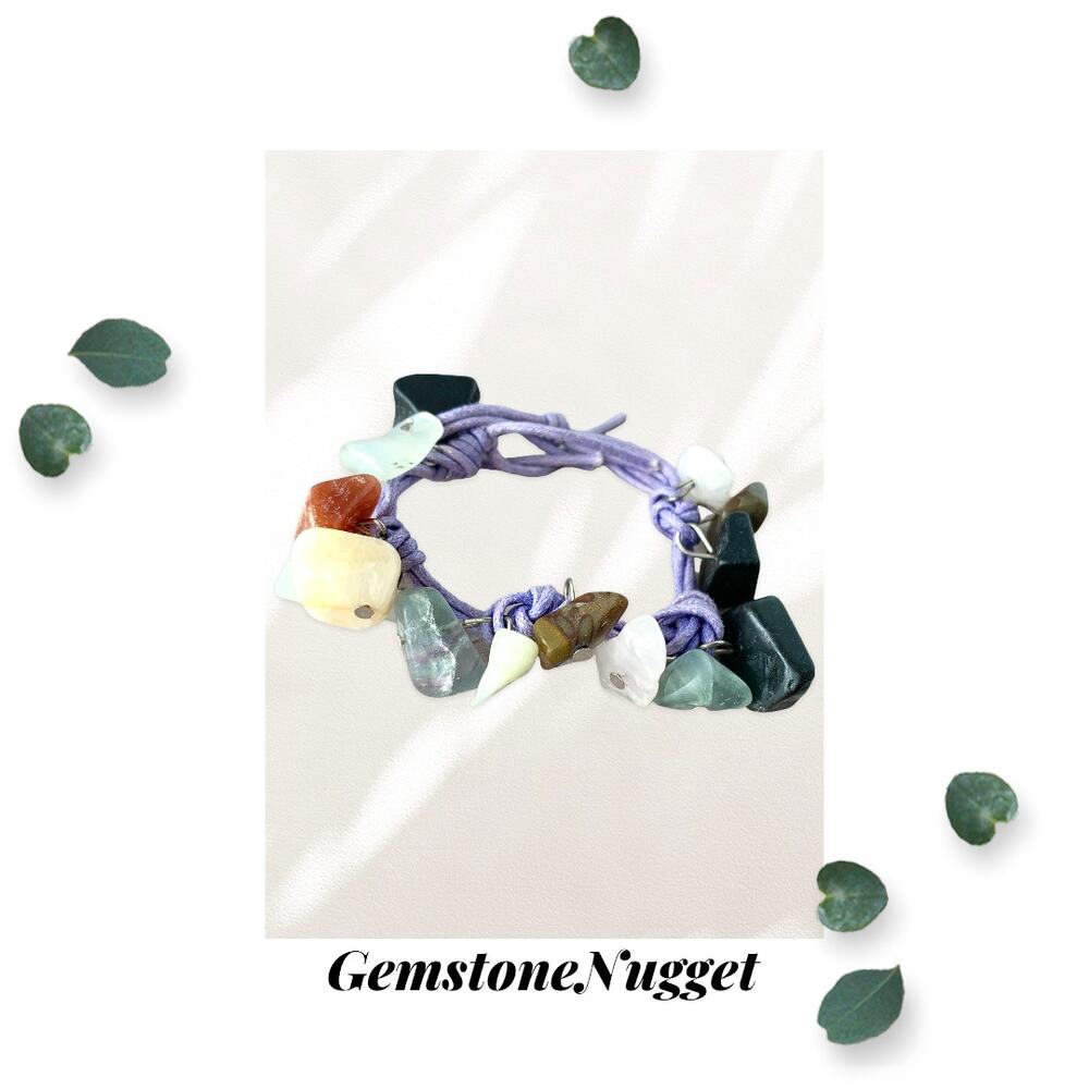 Gemstone Nugget Bracelet - Multi Charm - Purple Waxed Woven Cord